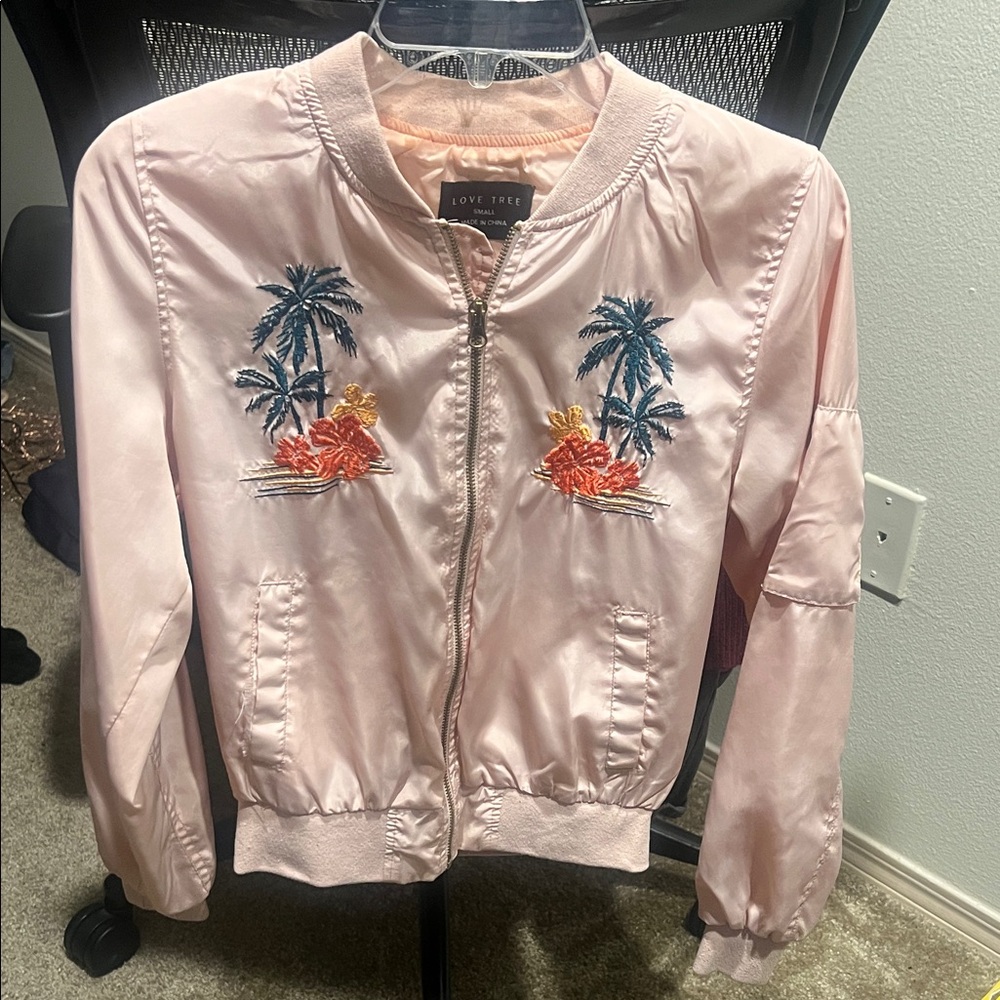 Love Tree Light Pink Tropical Embroidered Bomber Jacket